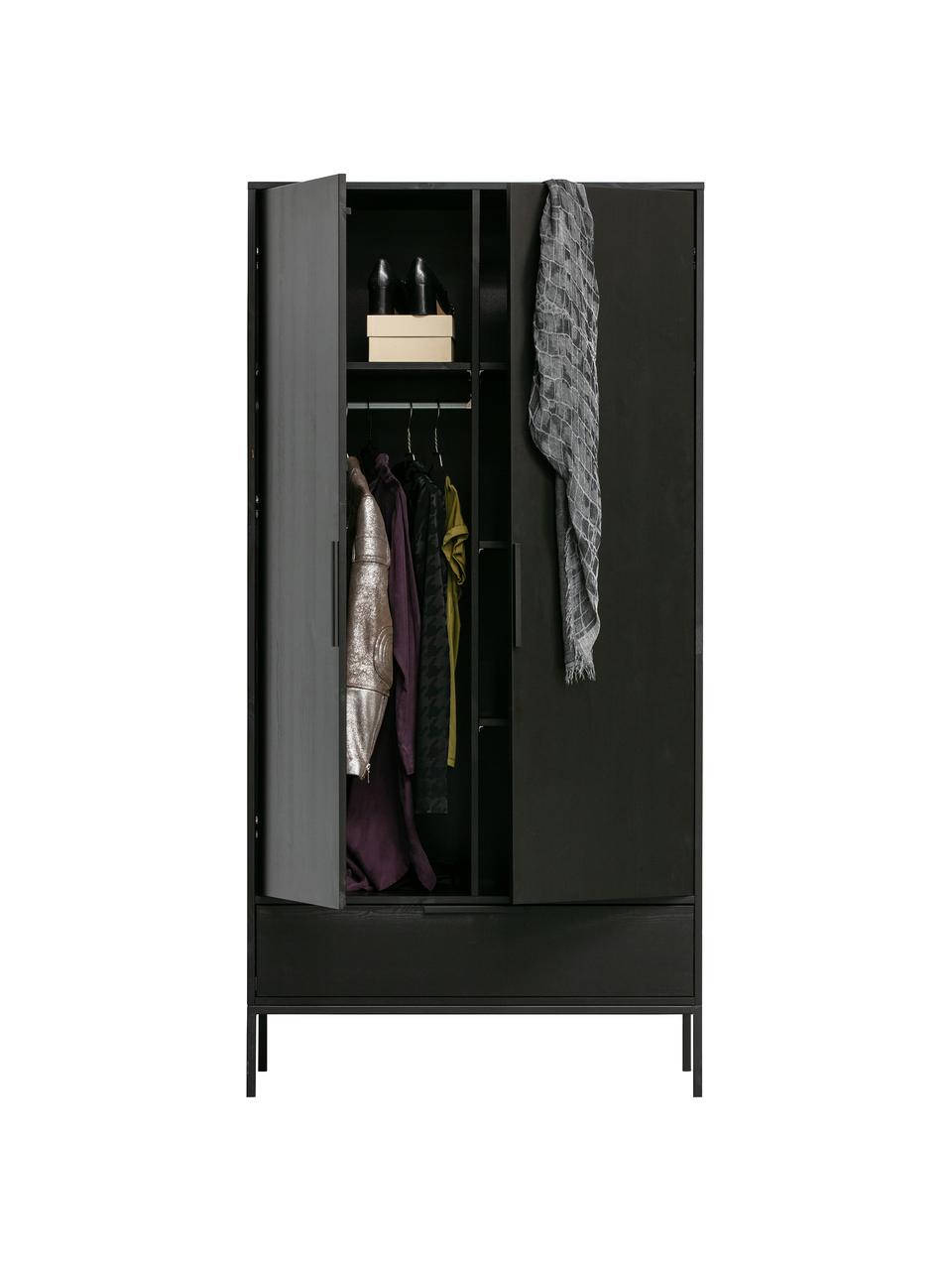 Armario Adam, 2 puertas, Estructura: madera de pino, pintado, Estantes: aglomerado laminado, Patas: metal recubierto, Madera de pino pintado en negro, An 100 x Al 200 cm