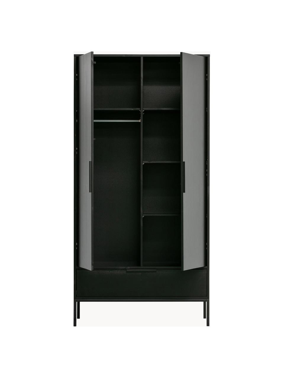 Armario con 2 puertas Adam, Estructura: madera de pino lacada, Estantes: aglomerado laminado, Patas: metal recubierto Este pro, Negro, An 100 x Al 200 cm