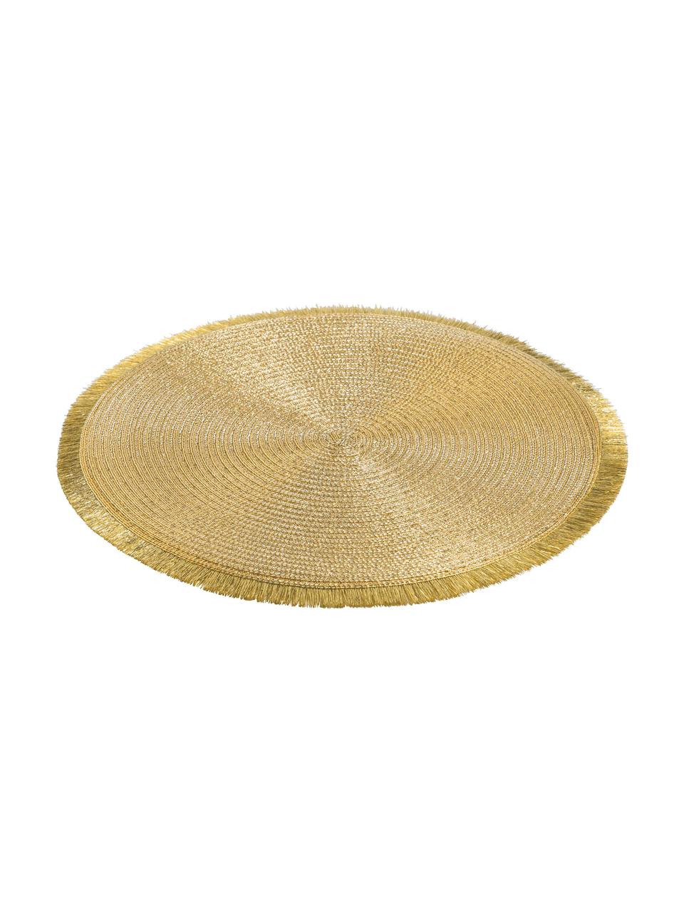 Runde Kunststoff-Tischsets Linda in Gold mit Fransen, 6 Stück, Kunststoff, Goldfarben, Ø 38 cm