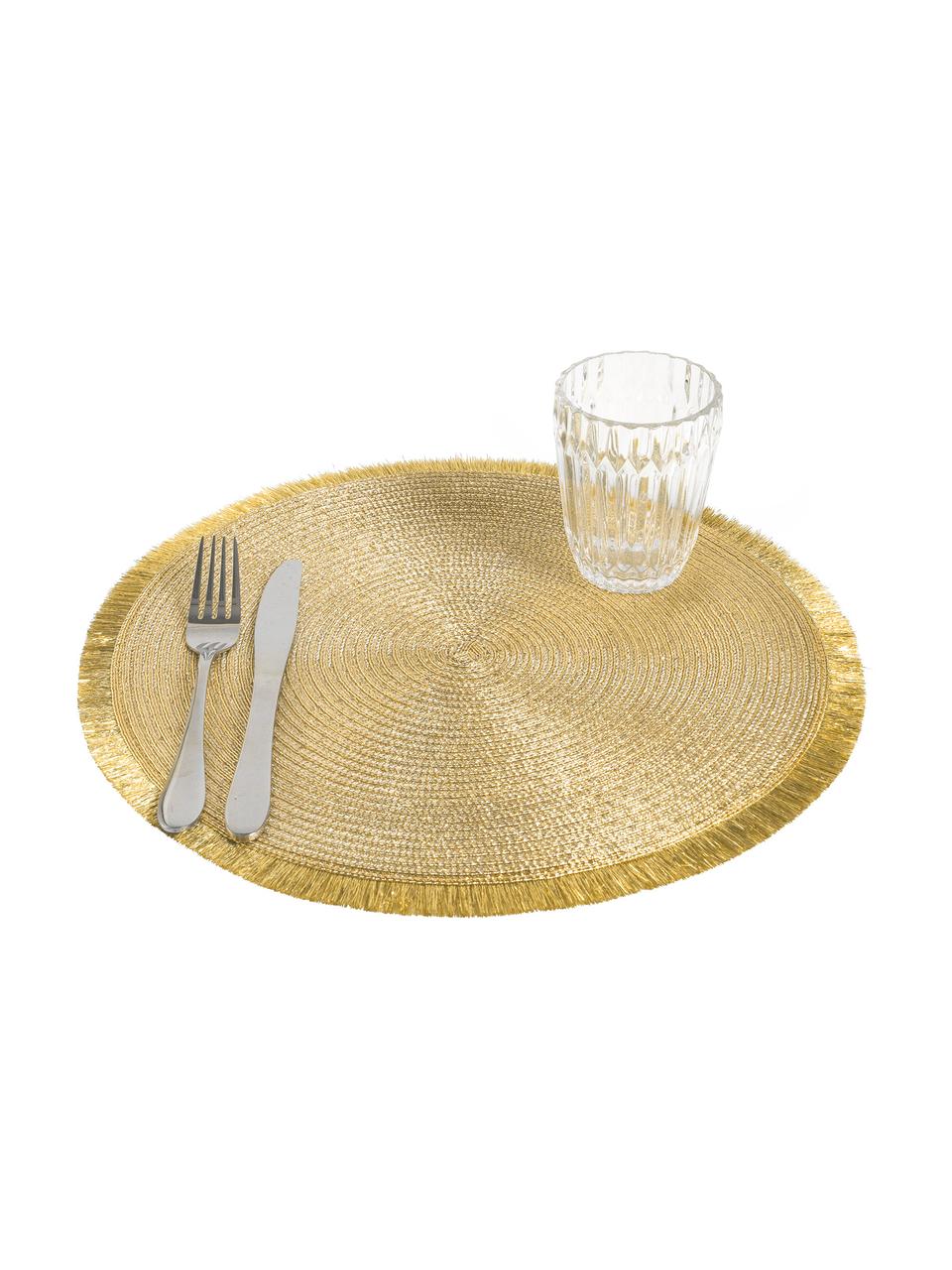 Ronde kunststoffen placemats Linda in goudkleur met franjes, 6 stuks, Kunststof, Goudkleurig, Ø 38 cm