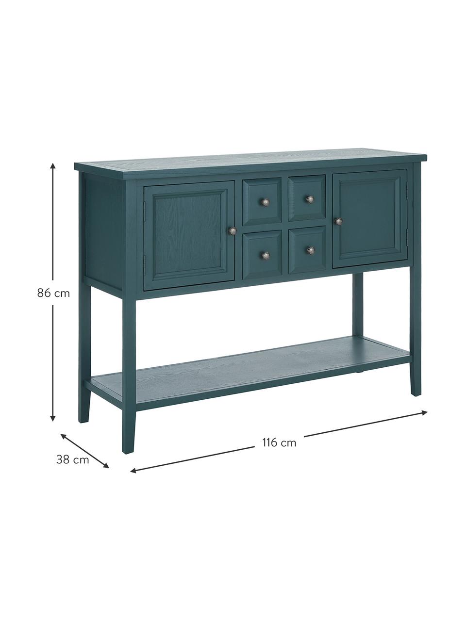 Blauw dressoir Amy in landelijke stijl, Frame: olmenhout, gelakt grenenh, Petrolkleurig, B 116 x H 86 cm