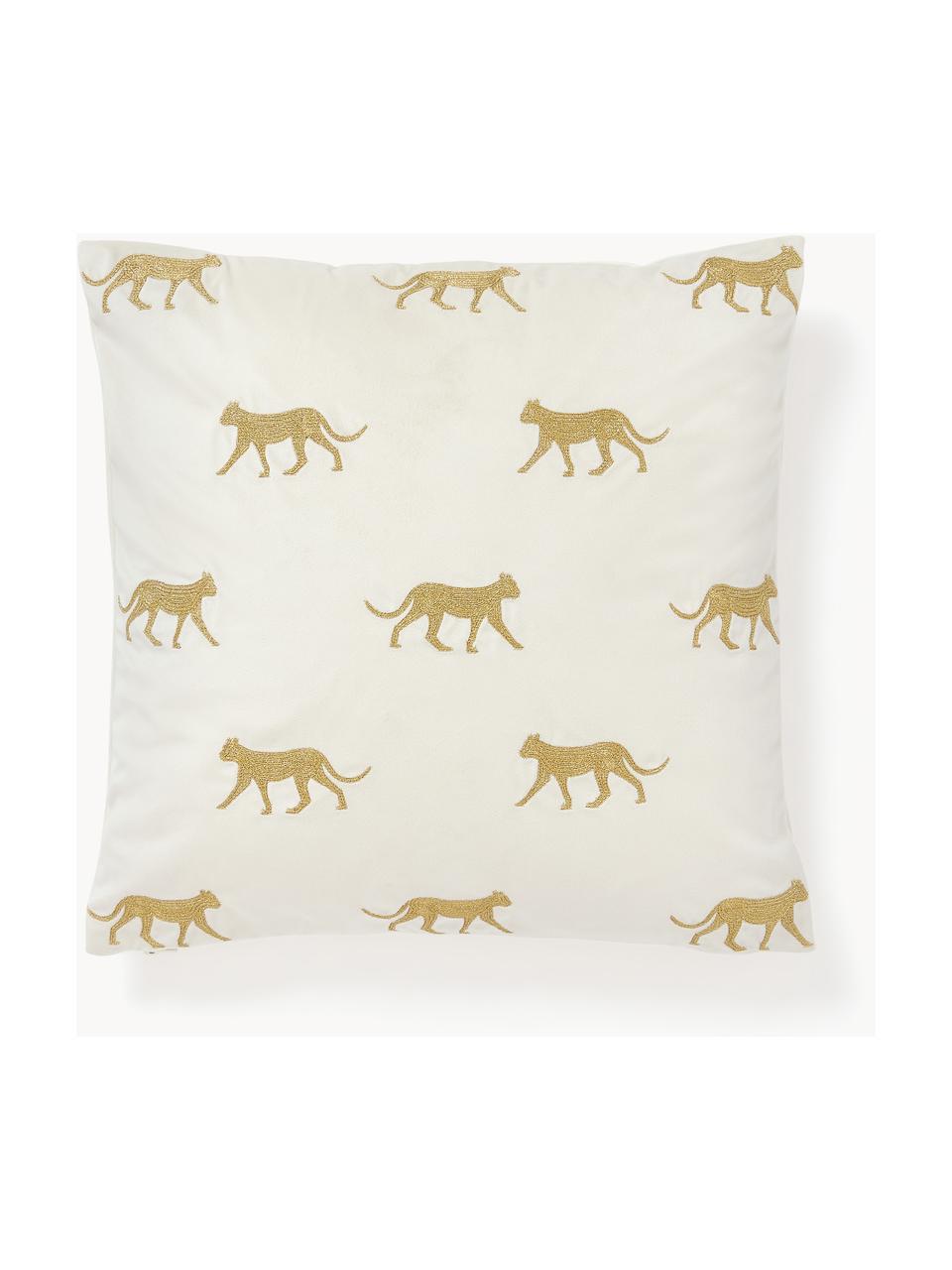 Housse de coussin 45x45 en velours brodé Cheetah, 100 % velours de polyester, Blanc cassé, doré, B 45 x L 45 cm