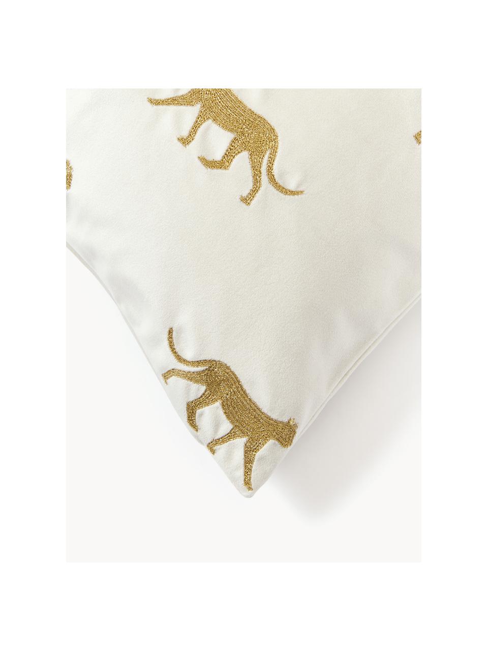 Bestickte Samt-Kissenhülle Cheetah, 100 % Polyestersamt, Off White, Goldfarben, B 45 x L 45 cm