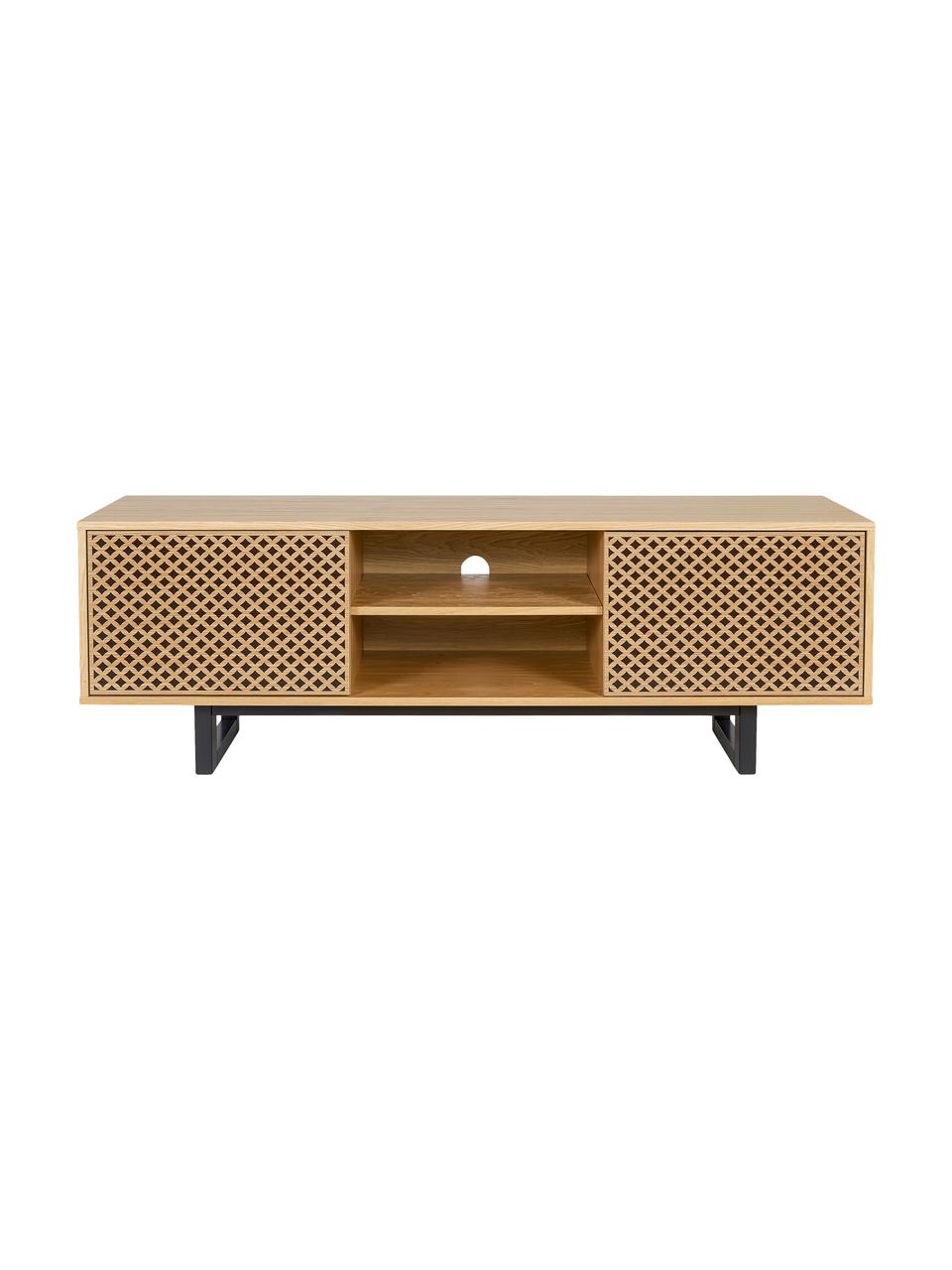 Tv-meubel Camden met deuren en eikenhoutfineer, Poten: berkenhout, gelakt, Eikenhout, zwart, B 150 x H 50 cm