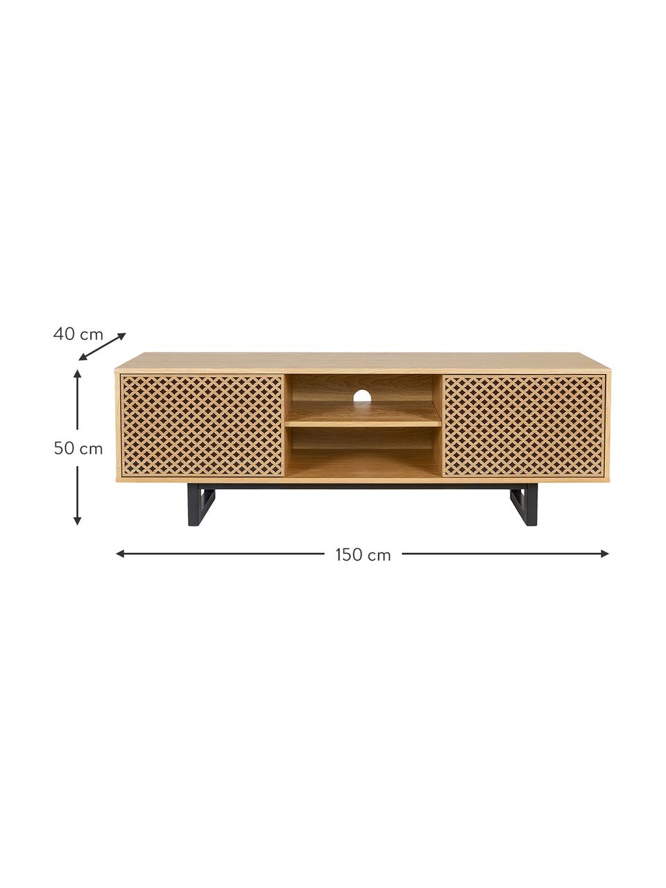 Tv-meubel Camden met deuren en eikenhoutfineer, Poten: berkenhout, gelakt, Eikenhout, zwart, B 150 x H 50 cm