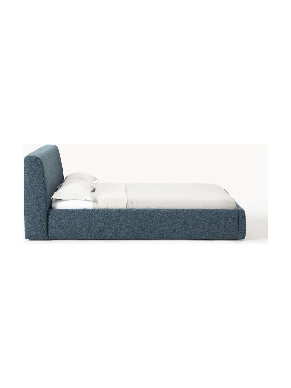 Letto imbottito in bouclé con contenitore Cloud, Rivestimento: bouclé (80% poliestere, 2, Piedini: legno di betulla laccato , Bouclé grigio-blu, Larg. 140 x Lung. 200 cm