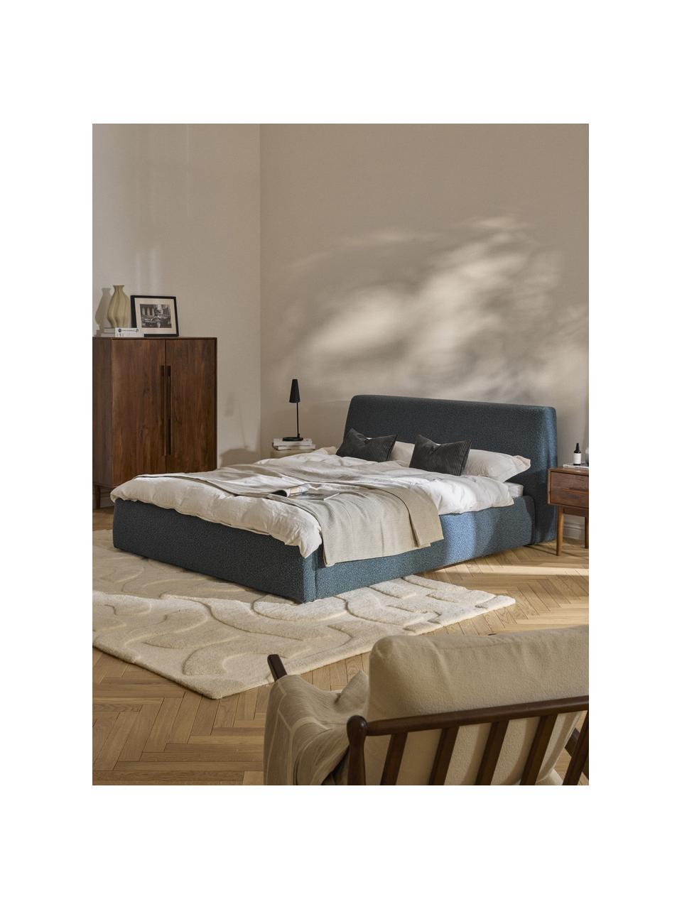 Bouclé gestoffeerd bed Cloud met opbergruimte, Poten: gelakt berkenhout Dit pro, Bouclé grijsblauw, B 140 x L 200 cm