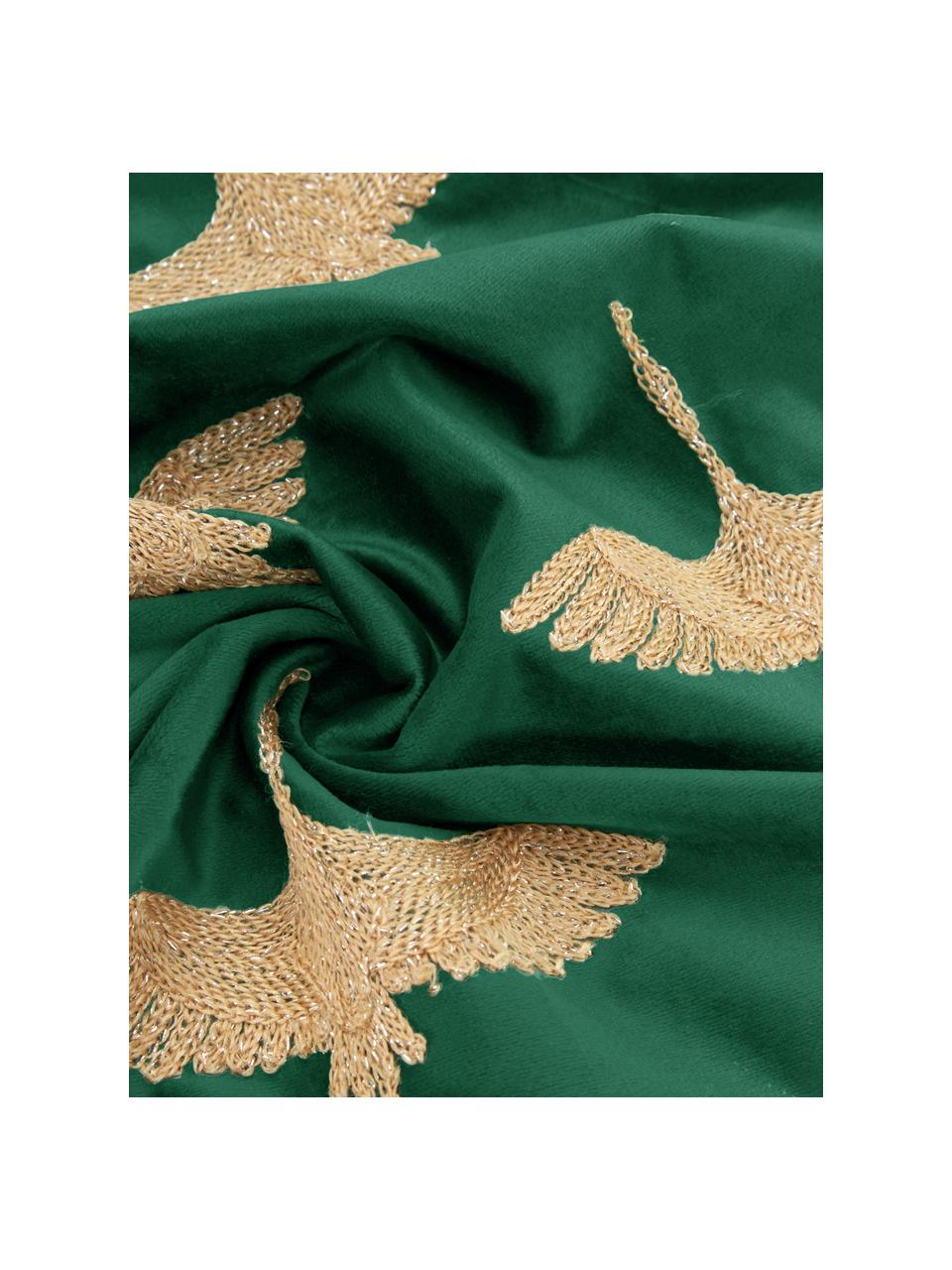 Geborduurd fluwelen kussen Crane in turquoise groen/goudkleur, met vulling, Polyester fluweel, Groen, goudkleurig, 45 x 45 cm