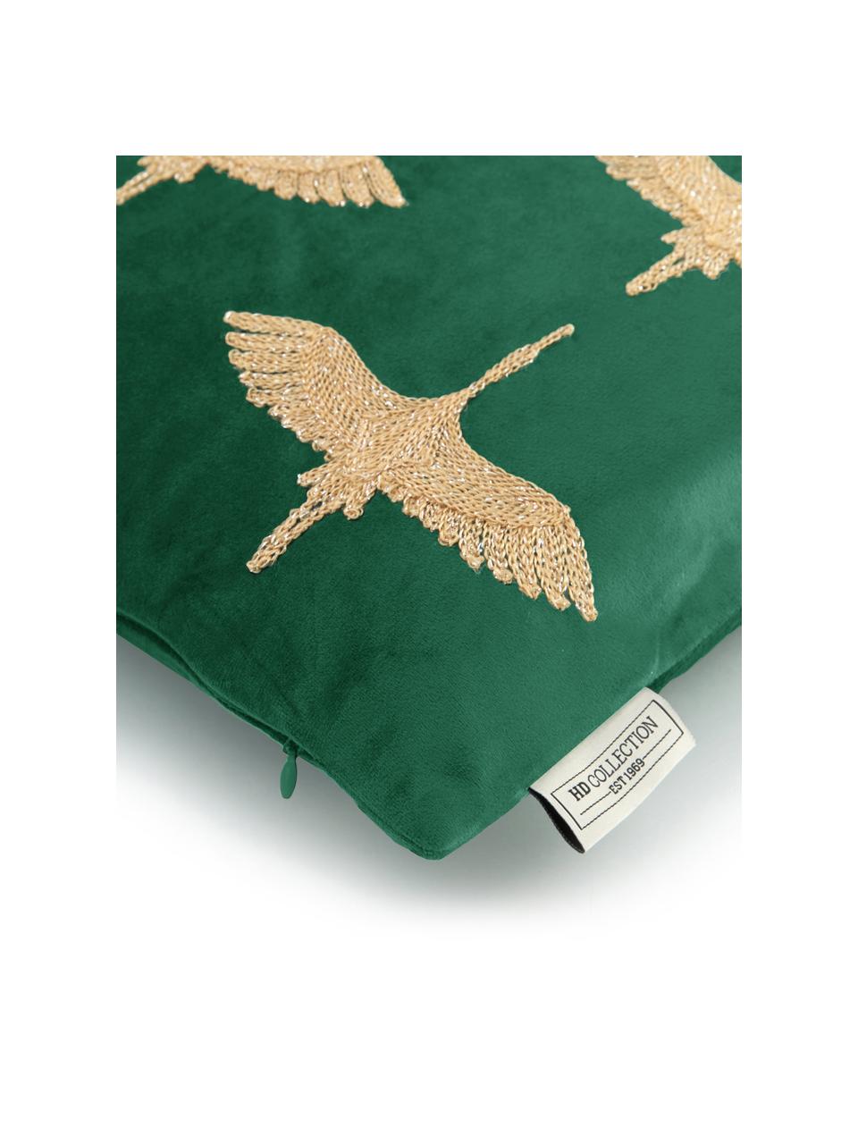 Vyšívaný sametový polštář Crane, s výplní, Zelená, zlatá