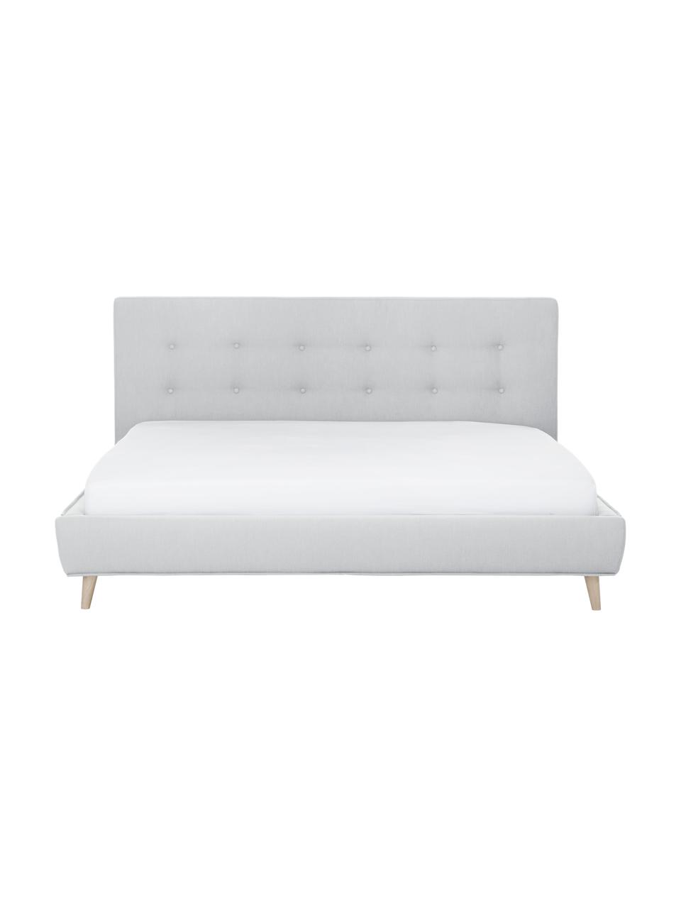 Letto imbottito con piedini in legno Moon, Rivestimento: poliestere (tessuto testu, Piedini: legno massiccio di querci, Tessuto grigio chiaro, Larg. 140 x Lung. 200 cm