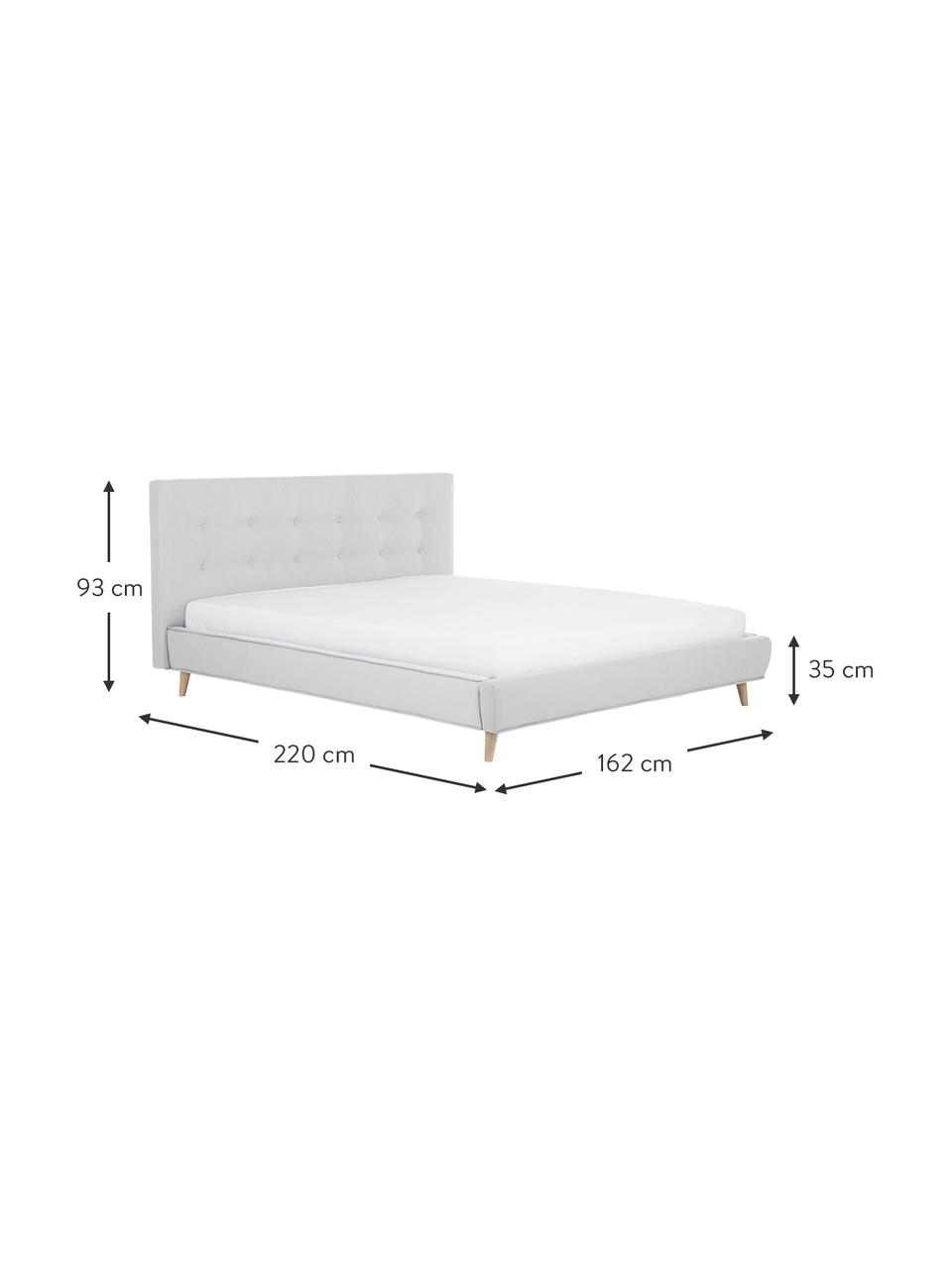 Letto imbottito con piedini in legno Moon, Rivestimento: poliestere (tessuto testu, Piedini: legno massiccio di querci, Tessuto grigio chiaro, Larg. 140 x Lung. 200 cm