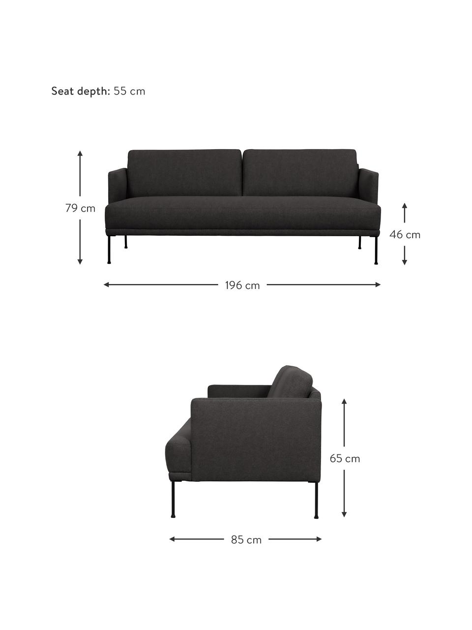 Canapé 3 places avec pieds en métal Fluente, Tissu gris foncé, larg. 196 x prof. 85 cm
