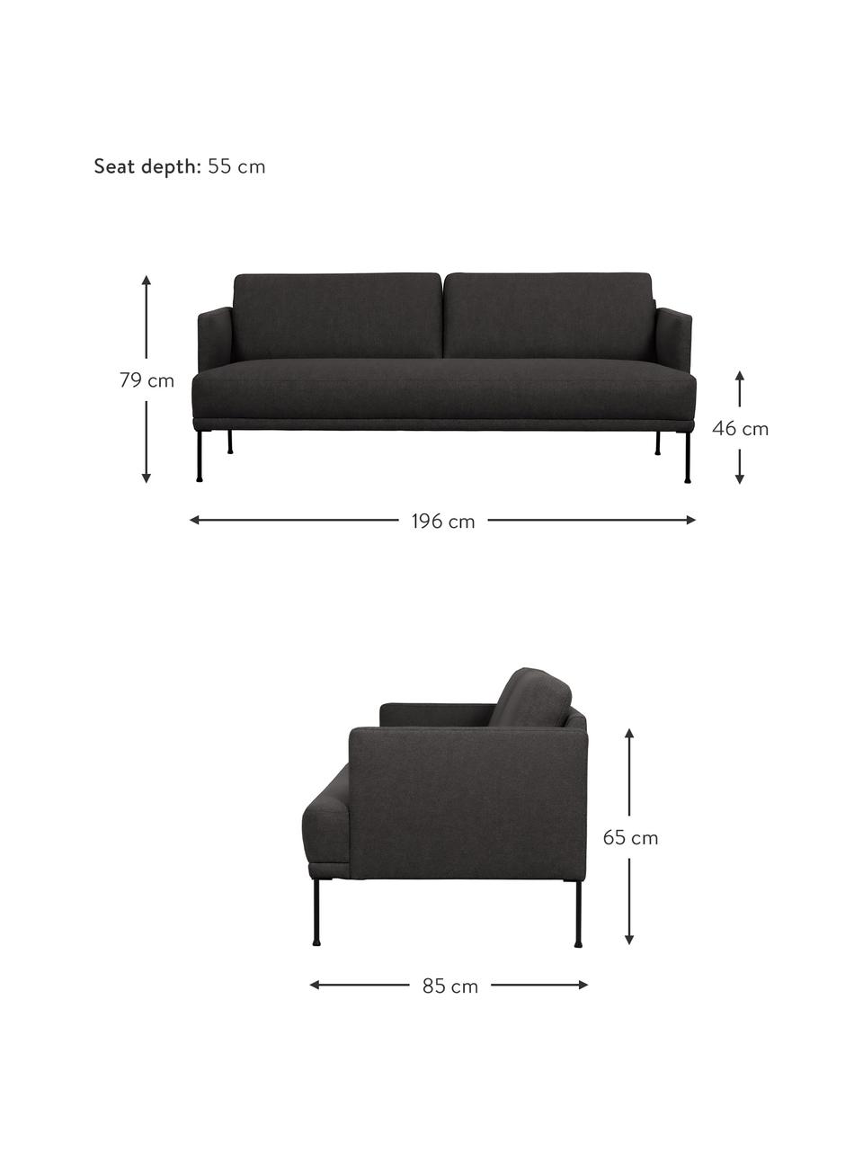 Divano 3 posti con piedini in metallo Fluente, Rivestimento: 100% poliestere Con 40.00, Struttura: legno di pino massiccio, Piedini: metallo verniciato a polv, Tessuto grigio scuro, Larg. 196 x Prof. 85 cm