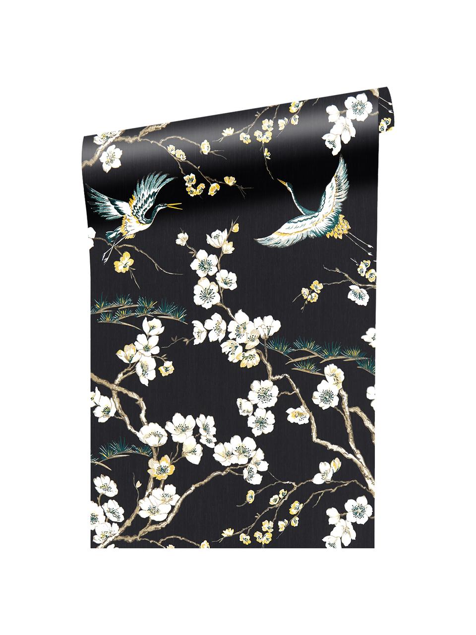 Papel pintado Japanese Flowers, Tejido no tejido, Negro, blanco, azul, amarillo, An 52 x L 1005 cm