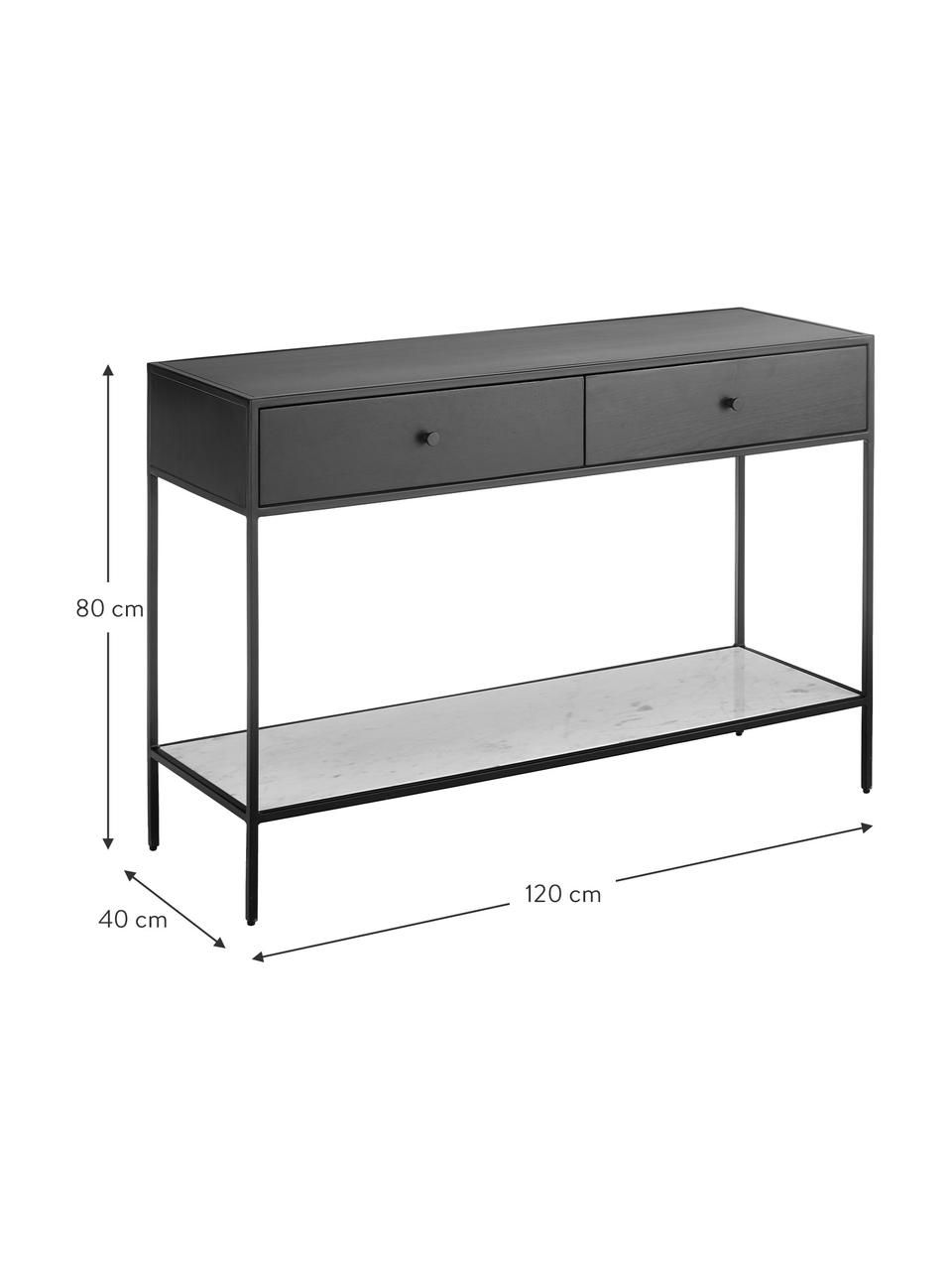 Consola Lenny, con estante de mármol, Cuerpo: tablero de fibras de dens, Estante: mármol, Estructura: metal, con pintura en pol, Negro, mármol blanco grisaceo, An 120 x Al 80 cm