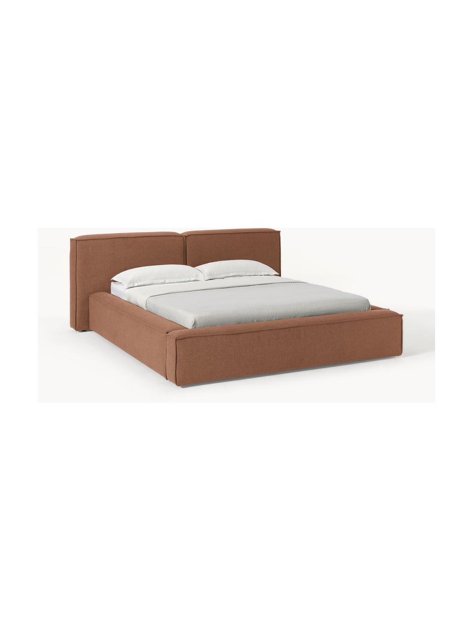 Gestoffeerd bed Lennon met opbergfunctie, Bekleding: 100 % polyester Met 115.0, Frame: massief grenenhout, FSC-g, Poten: hout, FSC-gecertificeerd,, Geweven stof nougatkleurig, B 268 x D 243 cm (ligvlak 200 x 200 cm)