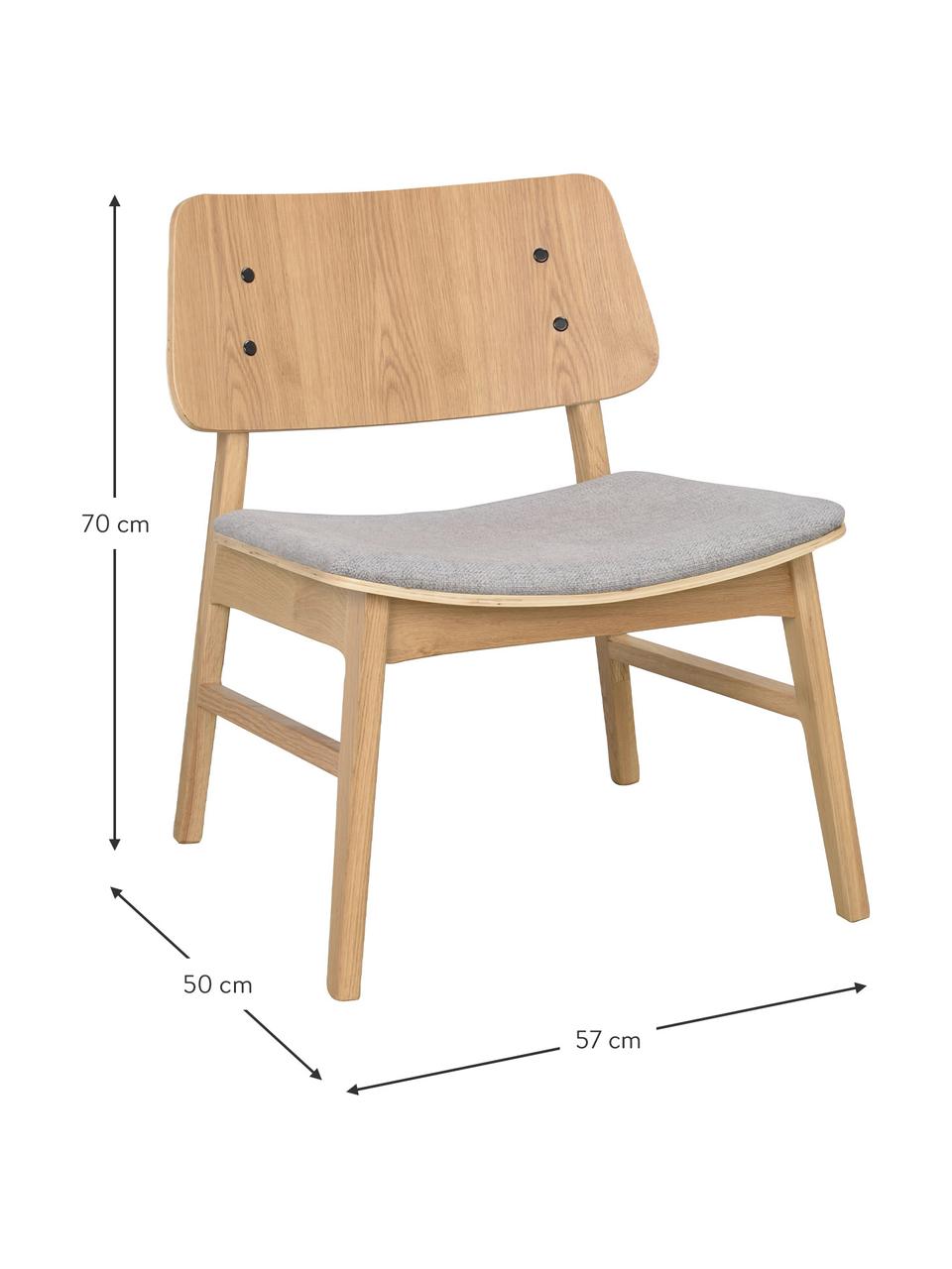 Sedia a poltrona in legno di quercia Nagano, Rivestimento: 100% poliestere, Marrone chiaro, grigio chiaro, Larg. 57 x Prof. 50 cm