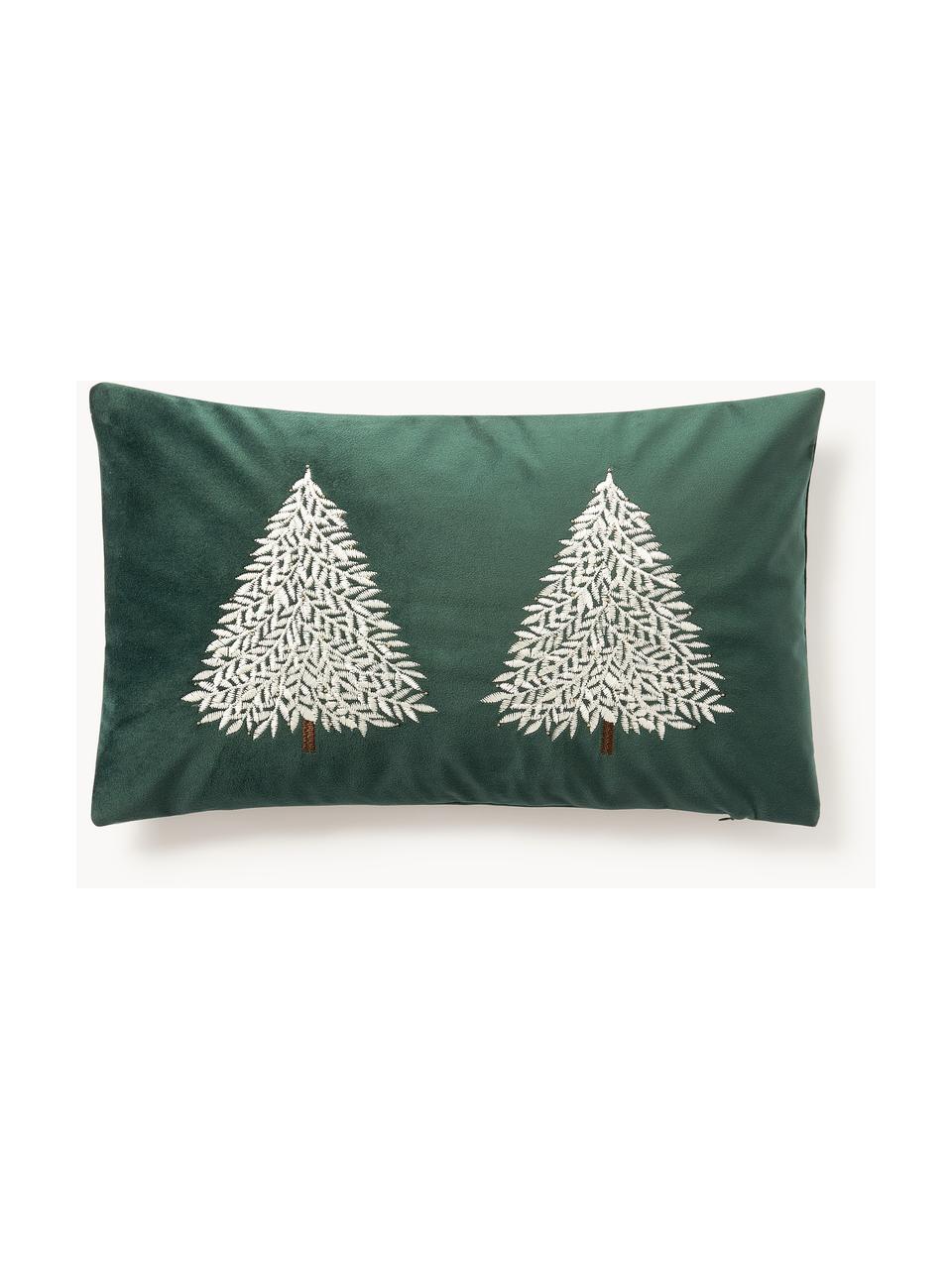 Fluwelen kussenhoes Imala met winters motief, 100% polyester, GRS-gecertificeerd, Donkergroen, B 30 x L 50 cm