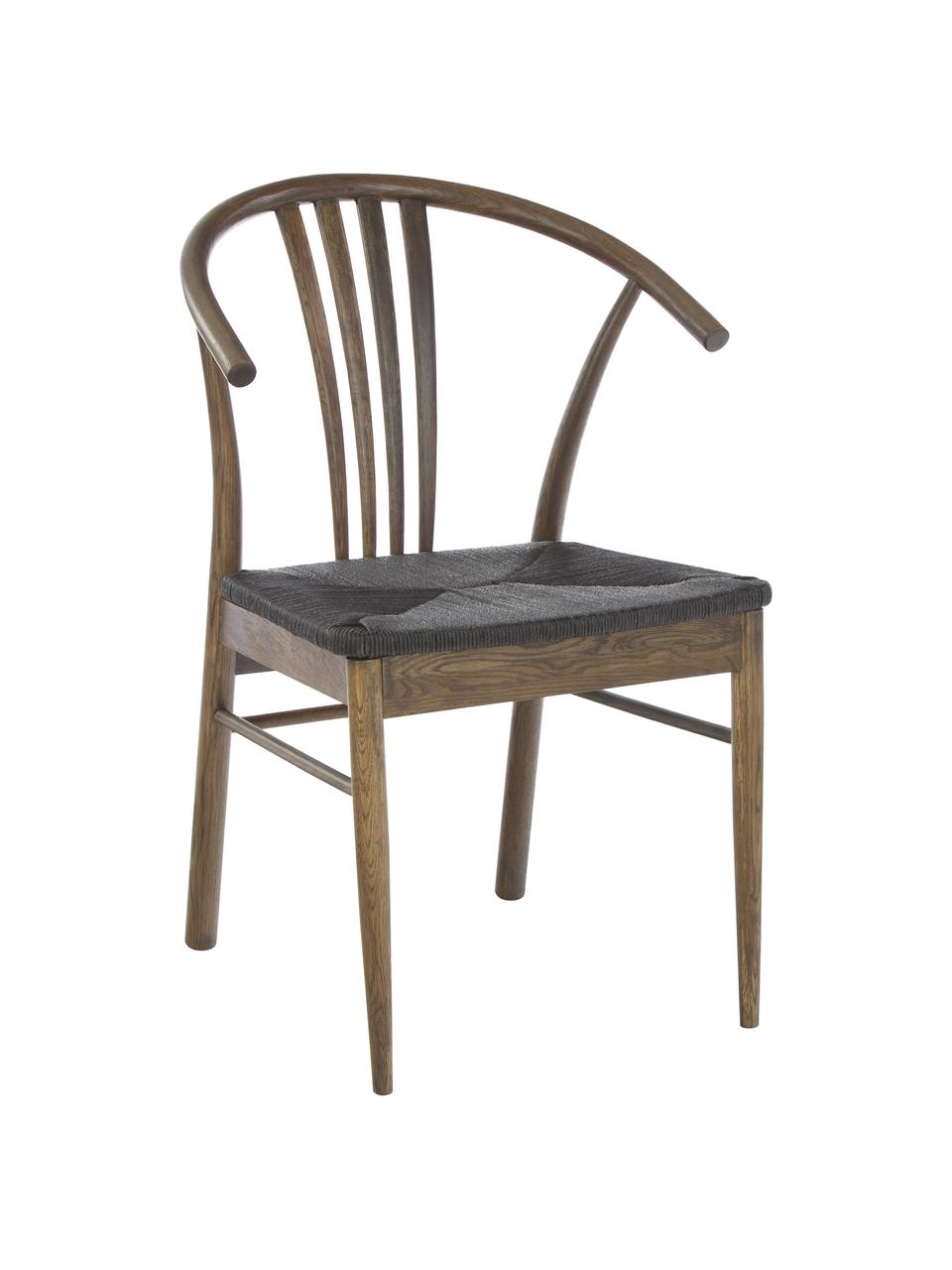 Silla con reposabrazos York, Estructura: madera de roble curtida, Asiento: cuerda trenzada, Negro, marrón oscuro, An 54 x F 54 cm