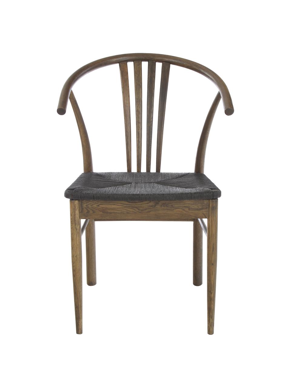 Silla con reposabrazos York, Estructura: madera de roble curtida, Asiento: cuerda trenzada, Negro, marrón oscuro, An 54 x F 54 cm