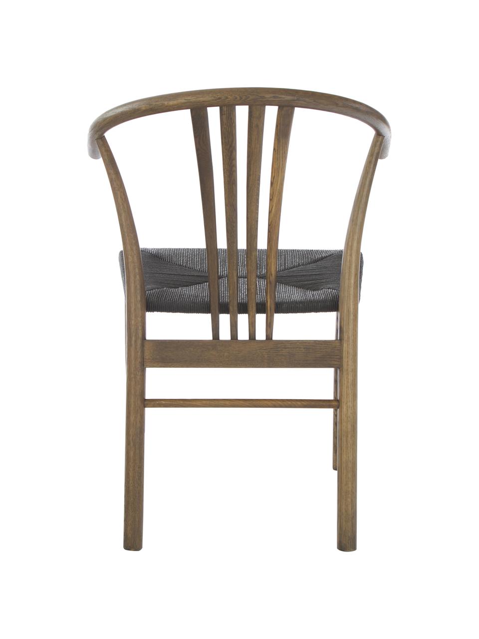 Silla con reposabrazos York, Estructura: madera de roble curtida, Asiento: cuerda trenzada, Negro, marrón oscuro, An 54 x F 54 cm