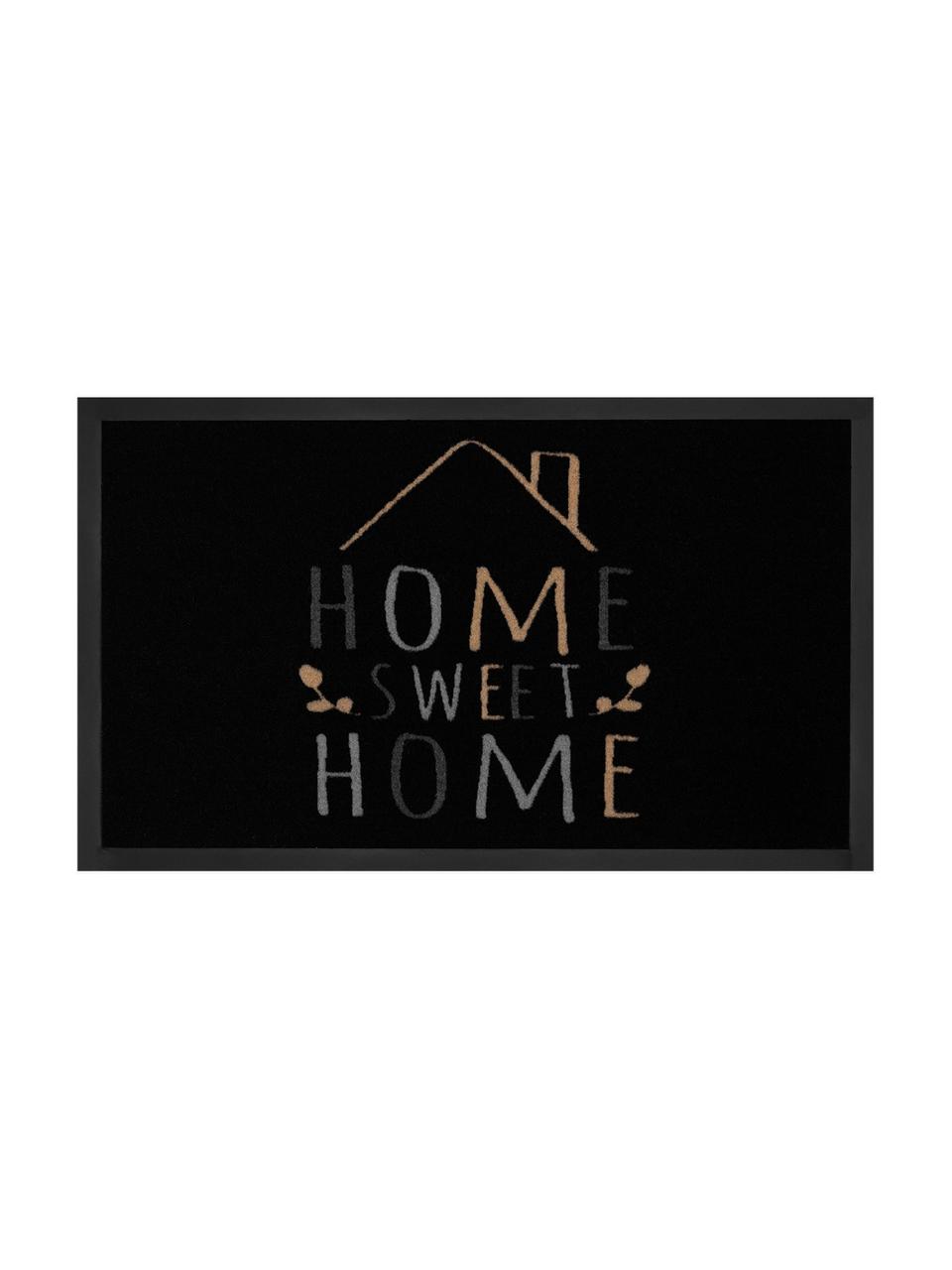 Polyamide deurmat Home Sweet Home, Bovenzijde: polyamide, Onderzijde: rubber, Zwart, beige- en grijstinten, B 45 x L 75 cm