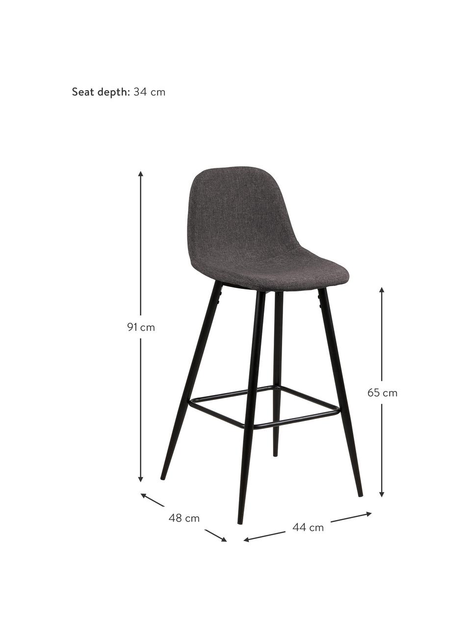 Chaises de comptoir Wilma, 2 pièces, Tissu gris, larg. 44 x haut. 91 cm