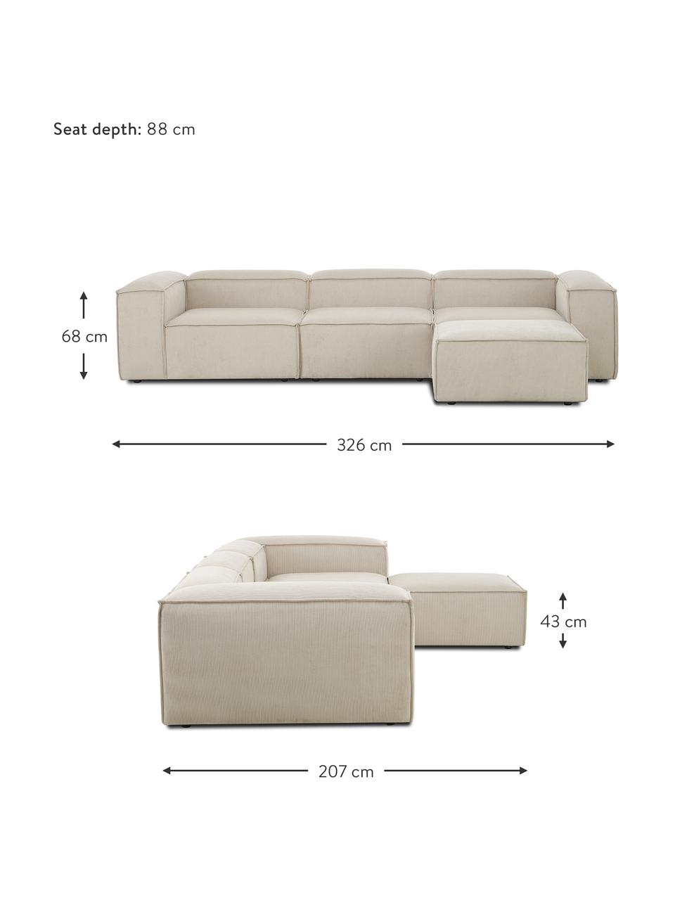 Canapé modulable 4 places en velours côtelé avec pouf Lennon, Velours côtelé beige, larg. 327 x prof. 207 cm