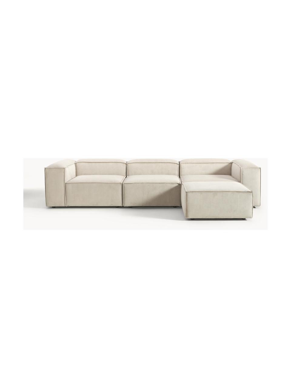 Canapé modulable 4 places en velours côtelé avec pouf Lennon, Velours côtelé beige clair, larg. 327 x prof. 207 cm