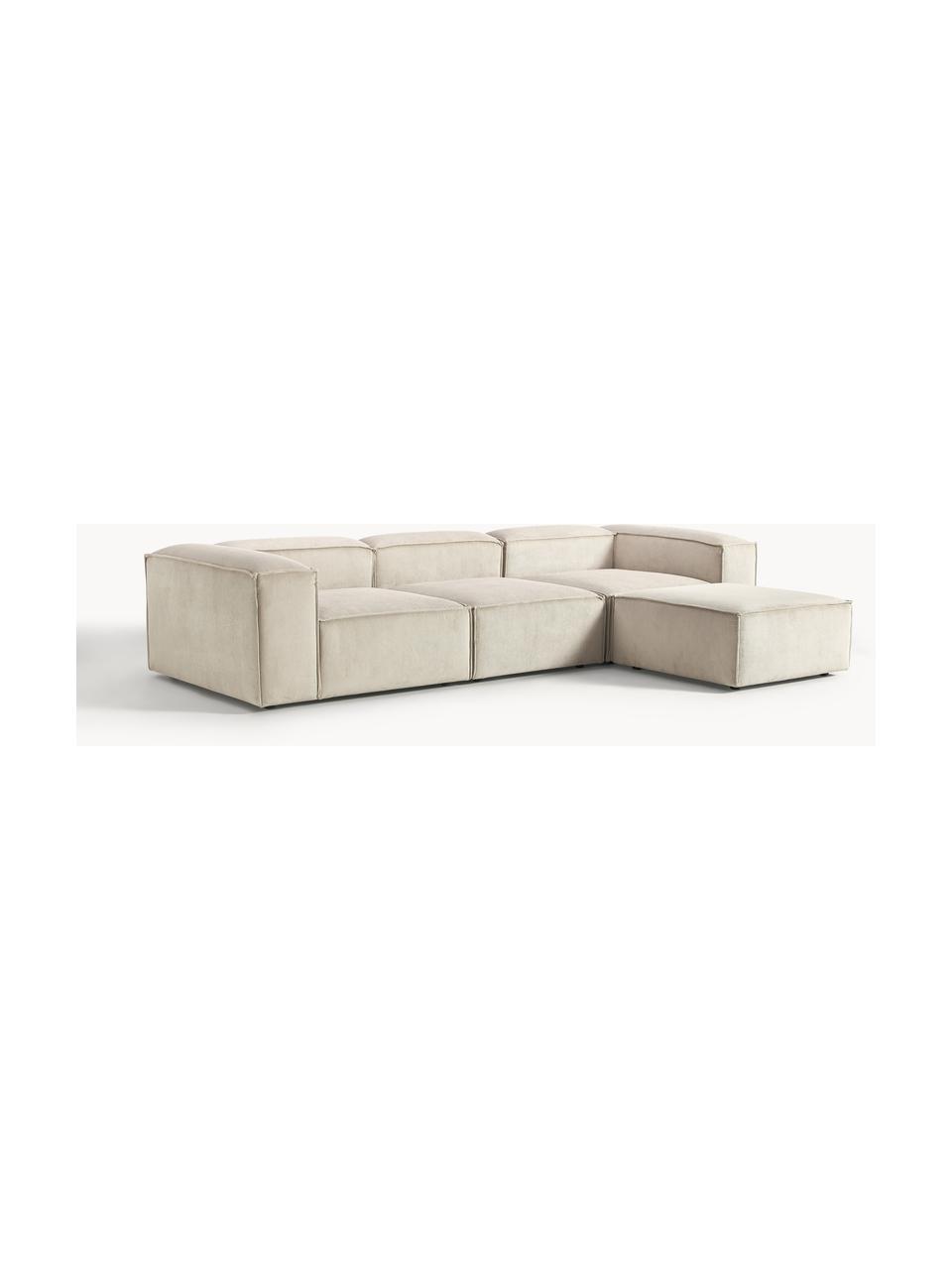 Canapé modulable 4 places en velours côtelé avec pouf Lennon, Velours côtelé beige clair, larg. 327 x prof. 207 cm