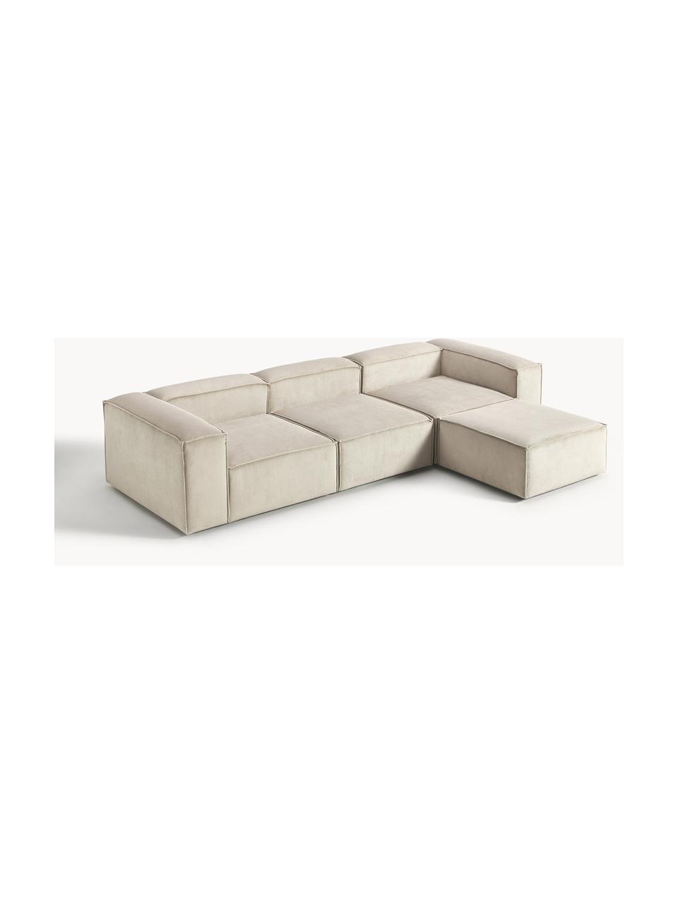 Canapé modulable 4 places en velours côtelé avec pouf Lennon, Velours côtelé beige clair, larg. 327 x prof. 207 cm