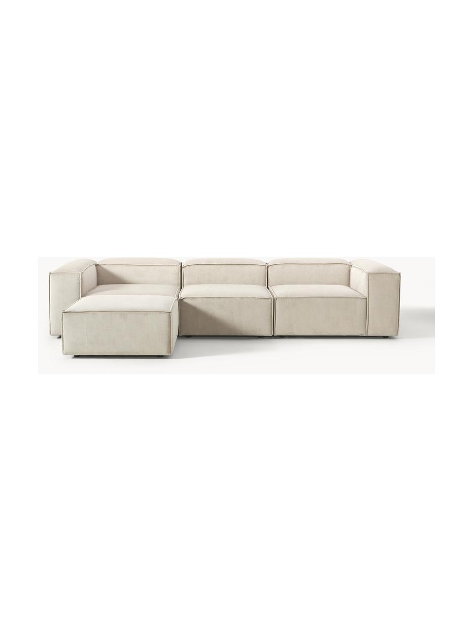 Modulares Sofa Lennon (4-Sitzer) aus Cord mit Hocker (links/rechts), Bezug: Cord (92 % Polyester, 8 %, Gestell: Massives Kiefernholz, Spe, Füße: Kunststoff Dieses Produkt, Cord Hellbeige, B 329 x T 207 cm