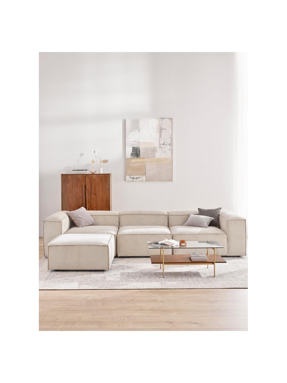 Modulares Sofa Lennon (4-Sitzer) aus Cord mit Hocker (links/rechts), Bezug: Cord (92 % Polyester, 8 %, Gestell: Massives Kiefernholz, Spe, Füße: Kunststoff Dieses Produkt, Cord Hellbeige, B 329 x T 207 cm