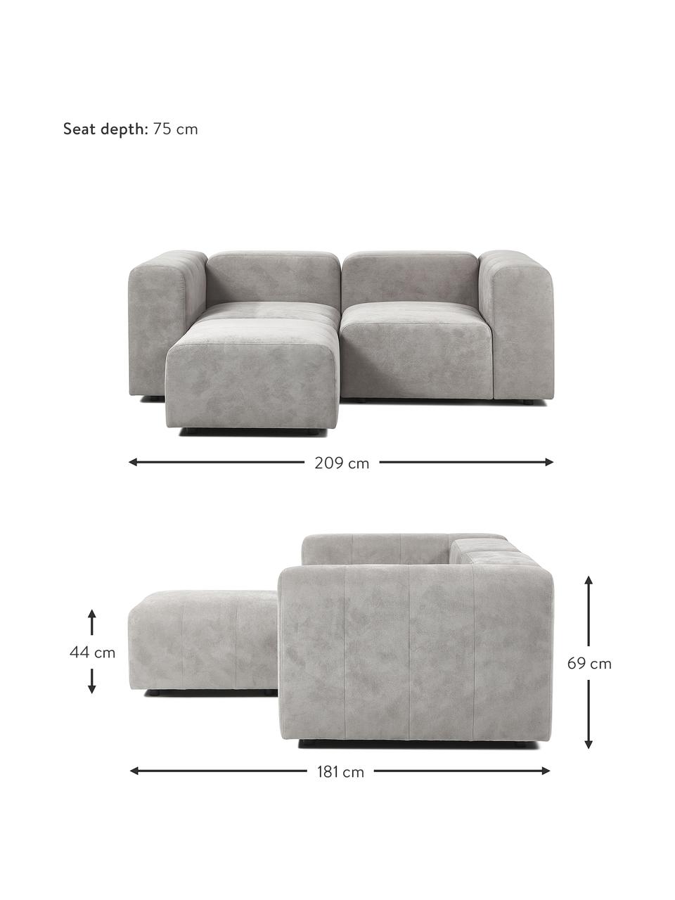 Canapé modulable 3 places gris argenté avec pouf Lena, Tissu gris argent, larg. 209 x prof. 181 cm