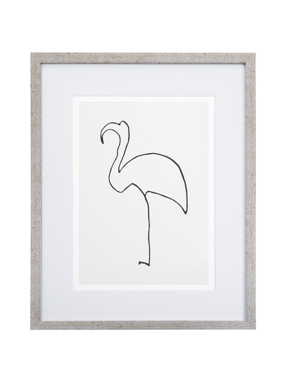 Gerahmter Digitaldruck Picasso's Flamingo, Bild: Digitaldruck, Rahmen: Kunststoff, Antik-Finish, Front: Glas, Schwarz, Weiß, Silberfarben, B 40 x H 50 cm