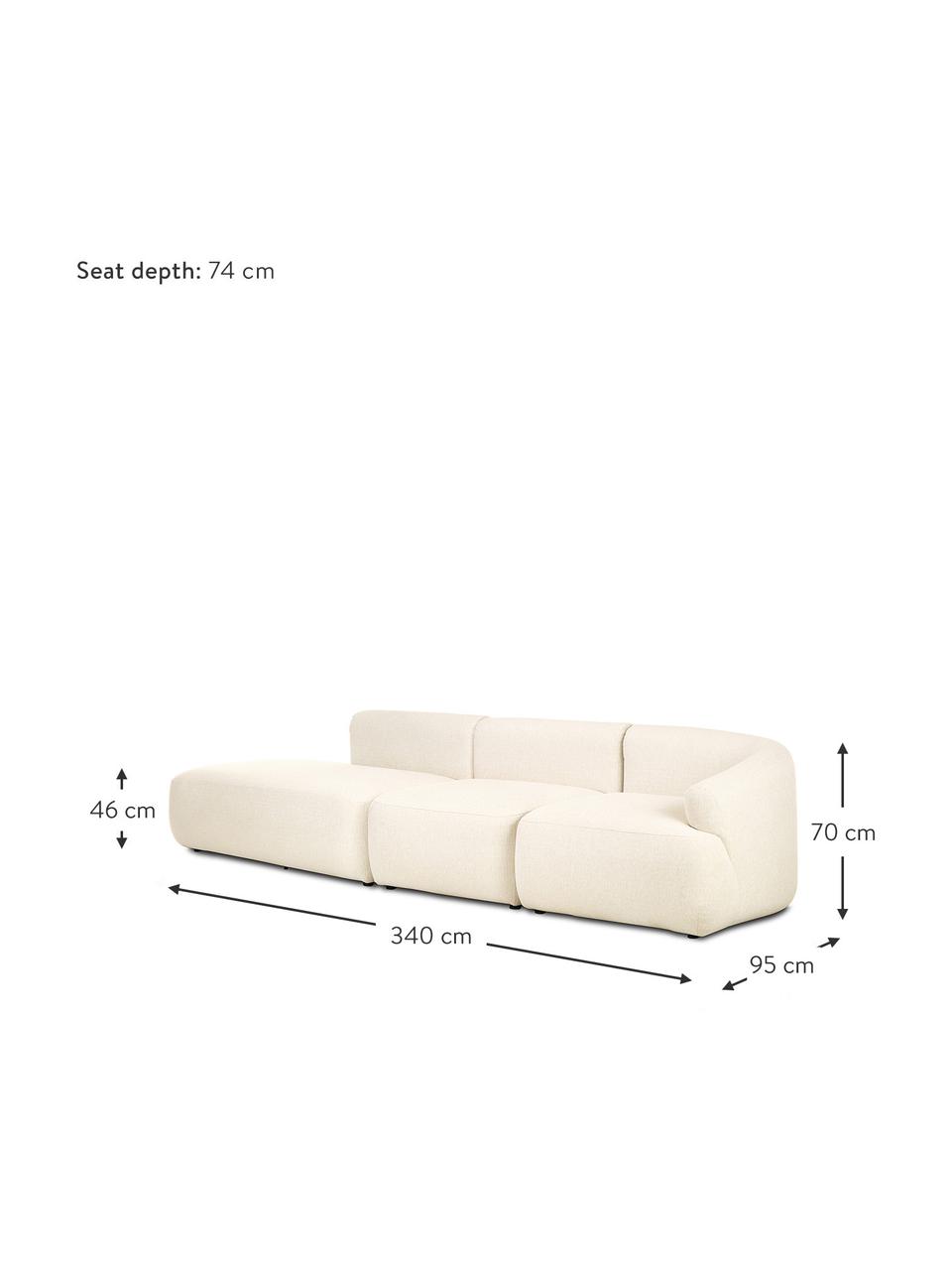 Modulaire chaise longue Sofia, Bekleding: 100% polypropyleen. Met 2, Frame: massief grenen, spaanplaa, Poten: kunststof., Geweven stof crèmewit, B 340 x D 95 cm, rugleuning rechts