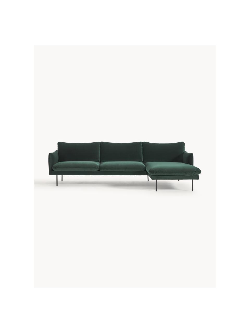 Divano angolare in velluto Moby, Rivestimento: velluto (rivestimento in , Struttura: legno di pino massiccio, Piedini: metallo verniciato a polv, Velluto verde scuro, Larg. 280 x Prof. 160 cm, chaise longue a destra