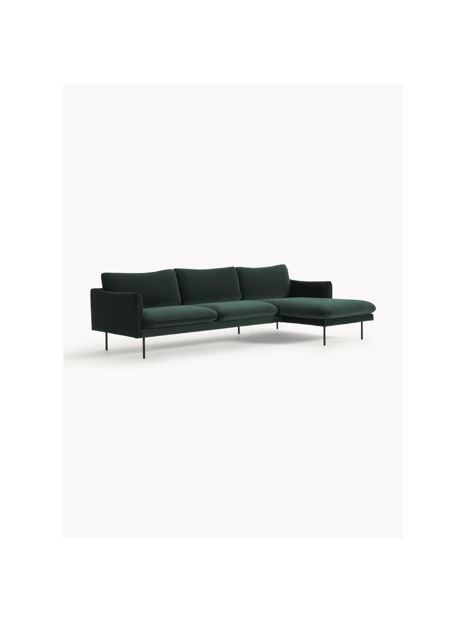 Sofa narożna z aksamitu Moby, Tapicerka: aksamit (wysokiej jakości, Stelaż: lite drewno sosnowe, Nogi: metal malowany proszkowo , Ciemnozielony aksamit, S 280 x G 160 cm, prawostronna