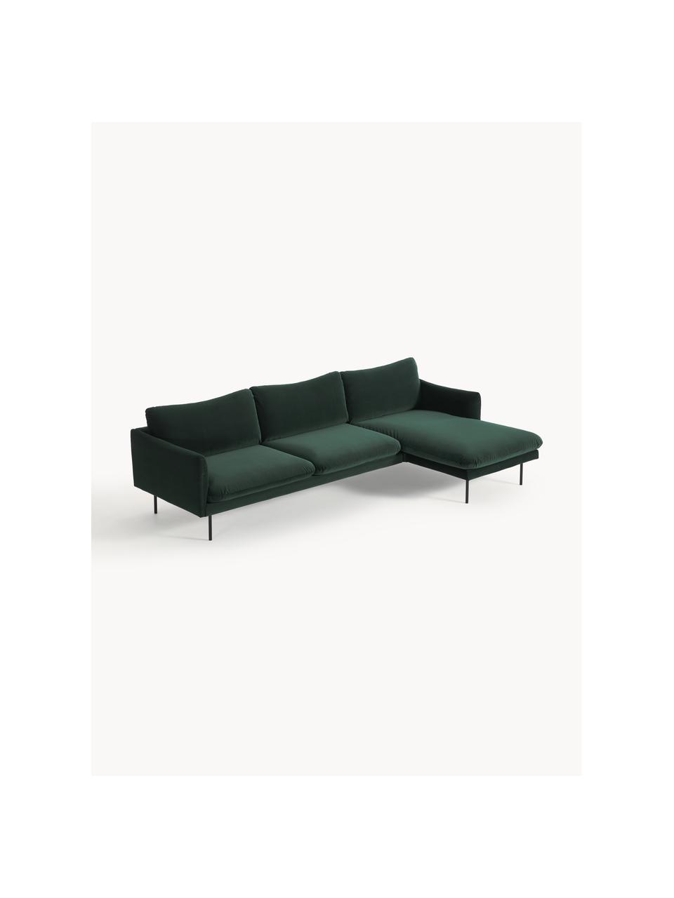 Divano angolare in velluto Moby, Rivestimento: velluto (rivestimento in , Struttura: legno di pino massiccio, Piedini: metallo verniciato a polv, Velluto verde scuro, Larg. 280 x Prof. 160 cm, chaise longue a destra