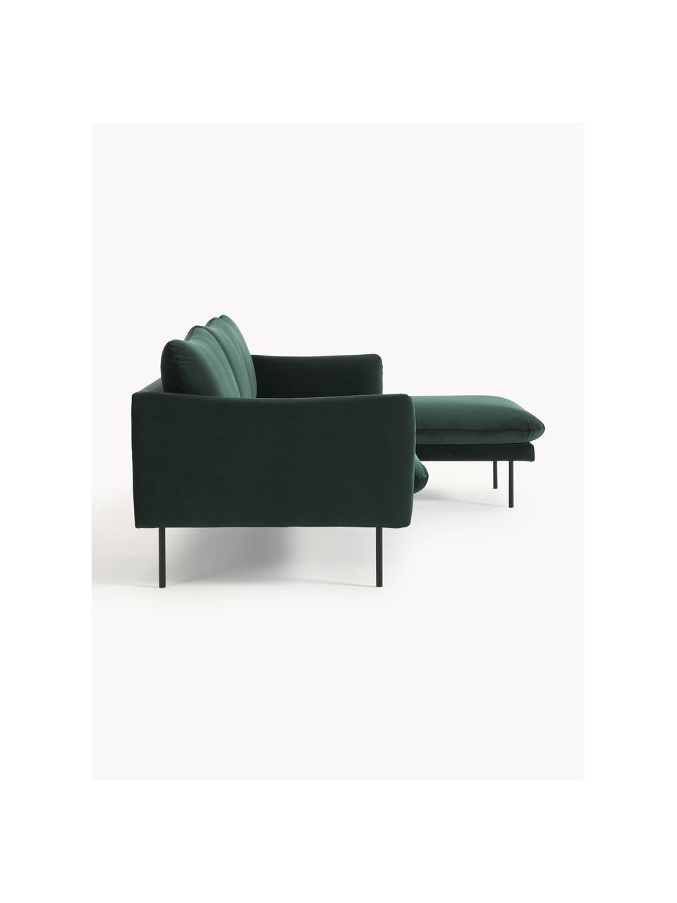 Samt-Ecksofa Moby, Bezug: Samt (Hochwertiger Polyes, Gestell: Massives Kiefernholz, Füße: Metall, pulverbeschichtet, Samt Dunkelgrün, B 280 x T 160 cm, Eckteil links