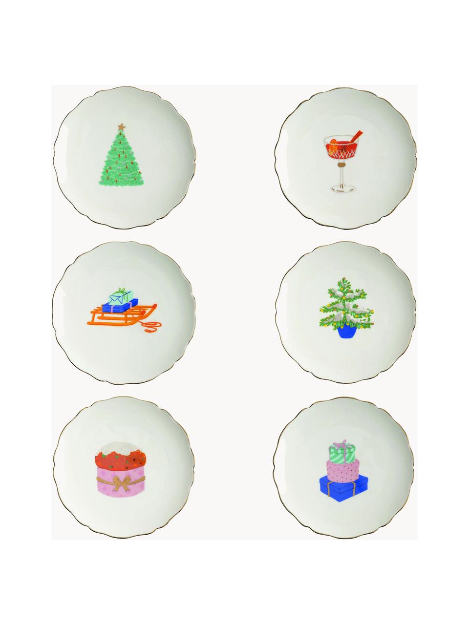 Assiettes à dessert au design de Noël peint à la main Feast, 6 élém., Porcelaine, Blanc, multicolore, Ø 13 cm