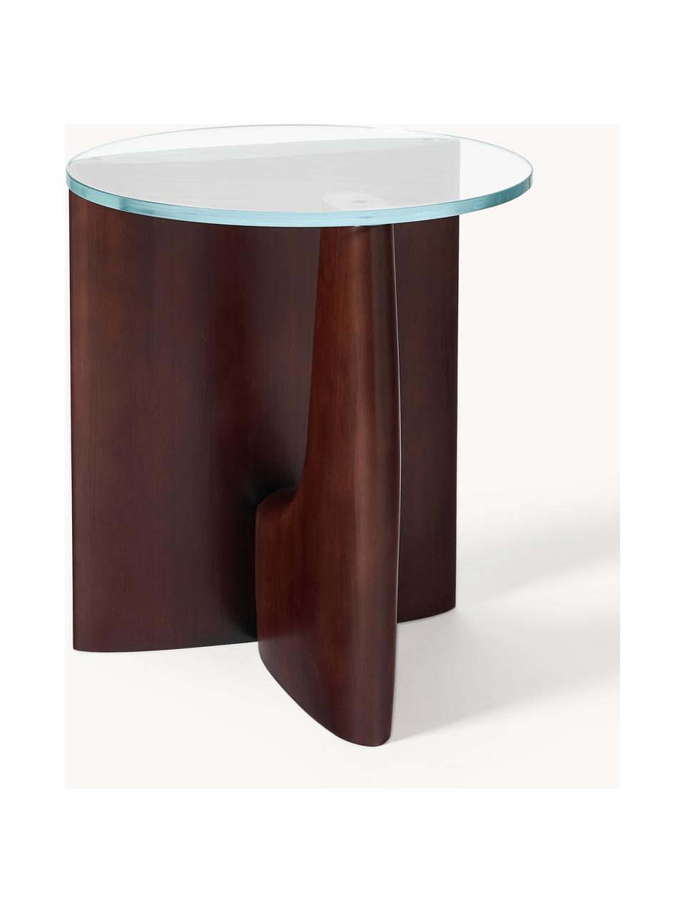 Table d'appoint ronde en bois avec plateau en verre Miya, Bois de peuplier, brun foncé laqué, transparent, Ø 53 cm, haut. 55 cm