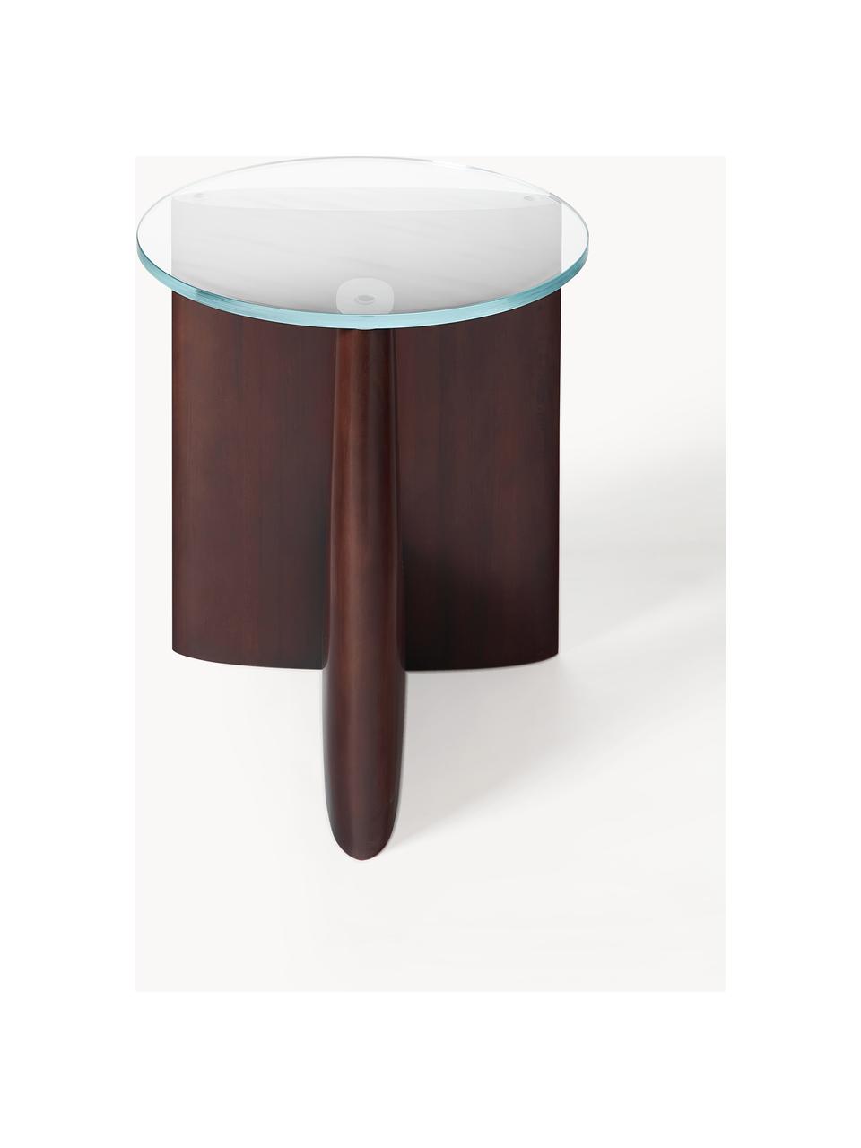 Stolik pomocniczy z drewna ze szklanym blatem Miya, Blat: szkło, Nogi: lite drewno topoli z cert, Drewno topoli lakierowane na ciemnobrązowy, transparentny, Ø 53 x W 55 cm