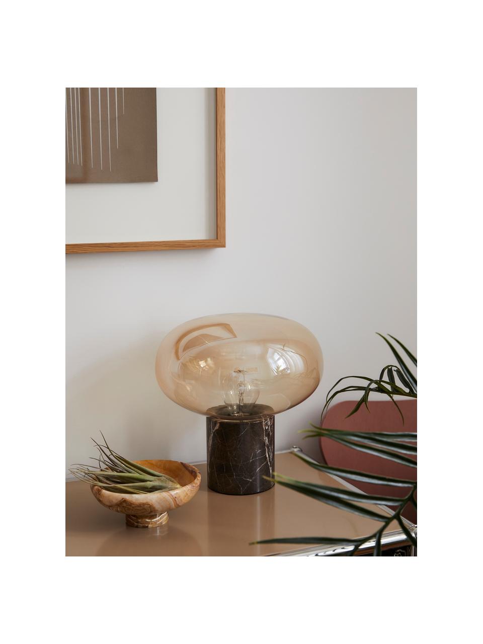 Lampa stołowa z marmurową podstawą Alma, Podstawa lampy: brązowy marmur  Klosz: odcienie bursztynowego, transparentny, Ø 23 x W 24 cm