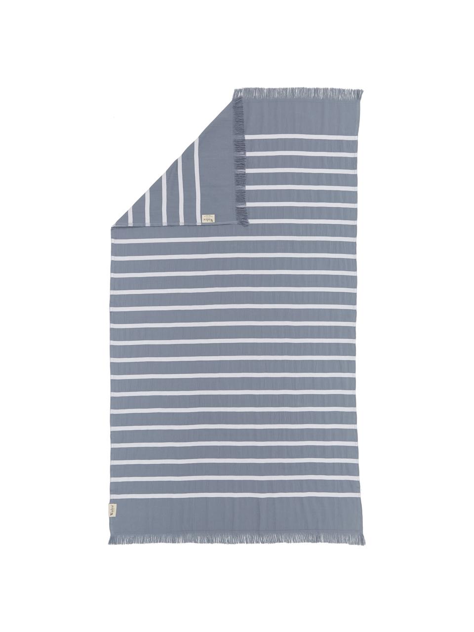 Telo fouta a righe con frange Filena, 100% cotone, Blu, bianco, Larg. 100 x Lung. 180 cm