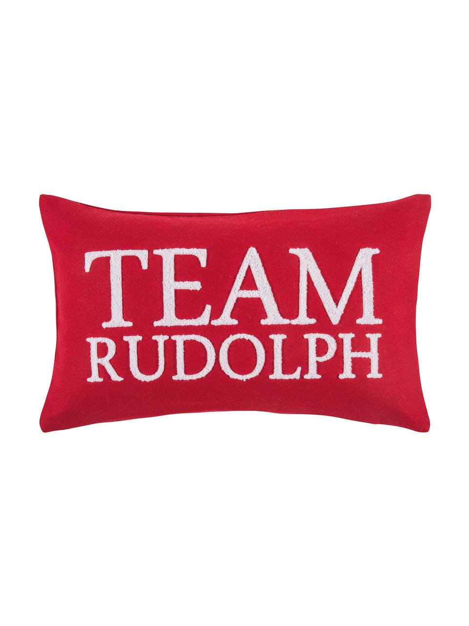 Kussenhoes Rudolph met reliëfopschrift, 60% wol, 40% polyester, Rood, wit, 30 x 50 cm