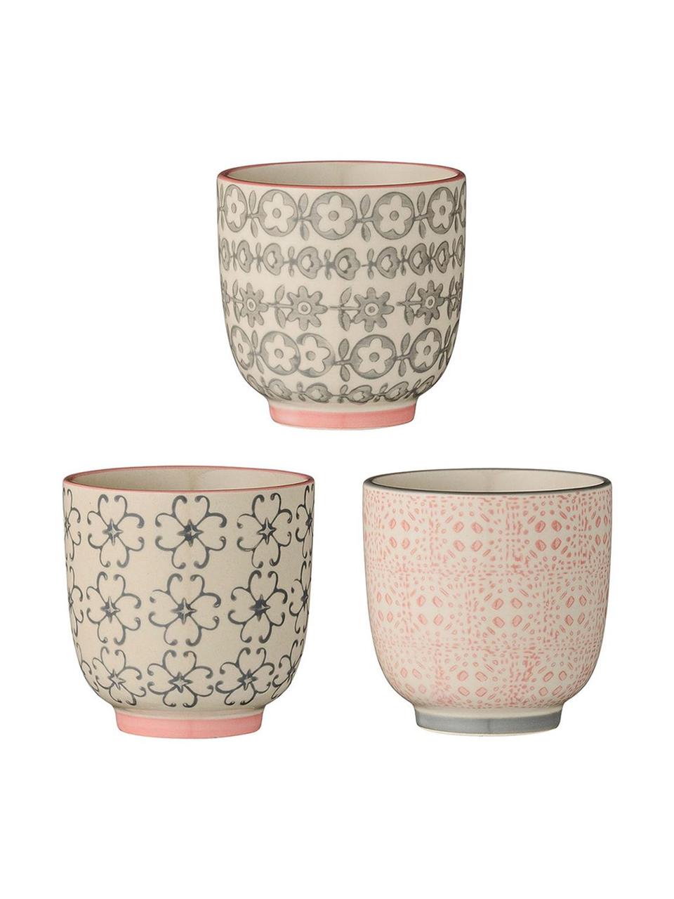 Mugs à expresso à motifs Cécile, 3 élém., Céramique, Beige, gris, rose, Ø 7 x haut. 7 cm, 180 ml