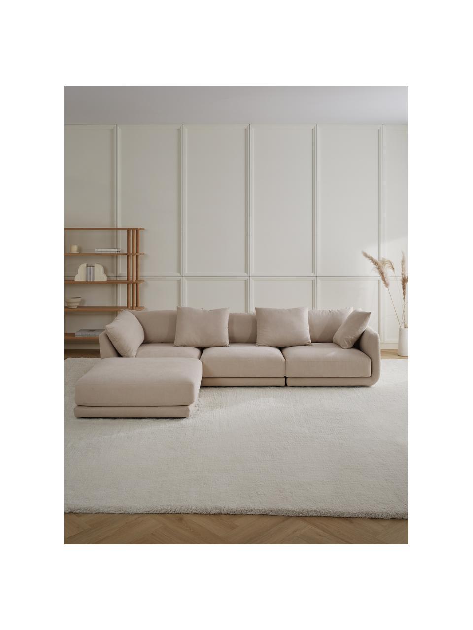 Modulares Sofa Jasmin (3-Sitzer) mit Hocker in Beige, Bezug: 85% Polyester, 15% Nylon , Gestell: Massives Fichtenholz FSC-, Füße: Kunststoff, Webstoff Beige, B 300 x H 84 cm