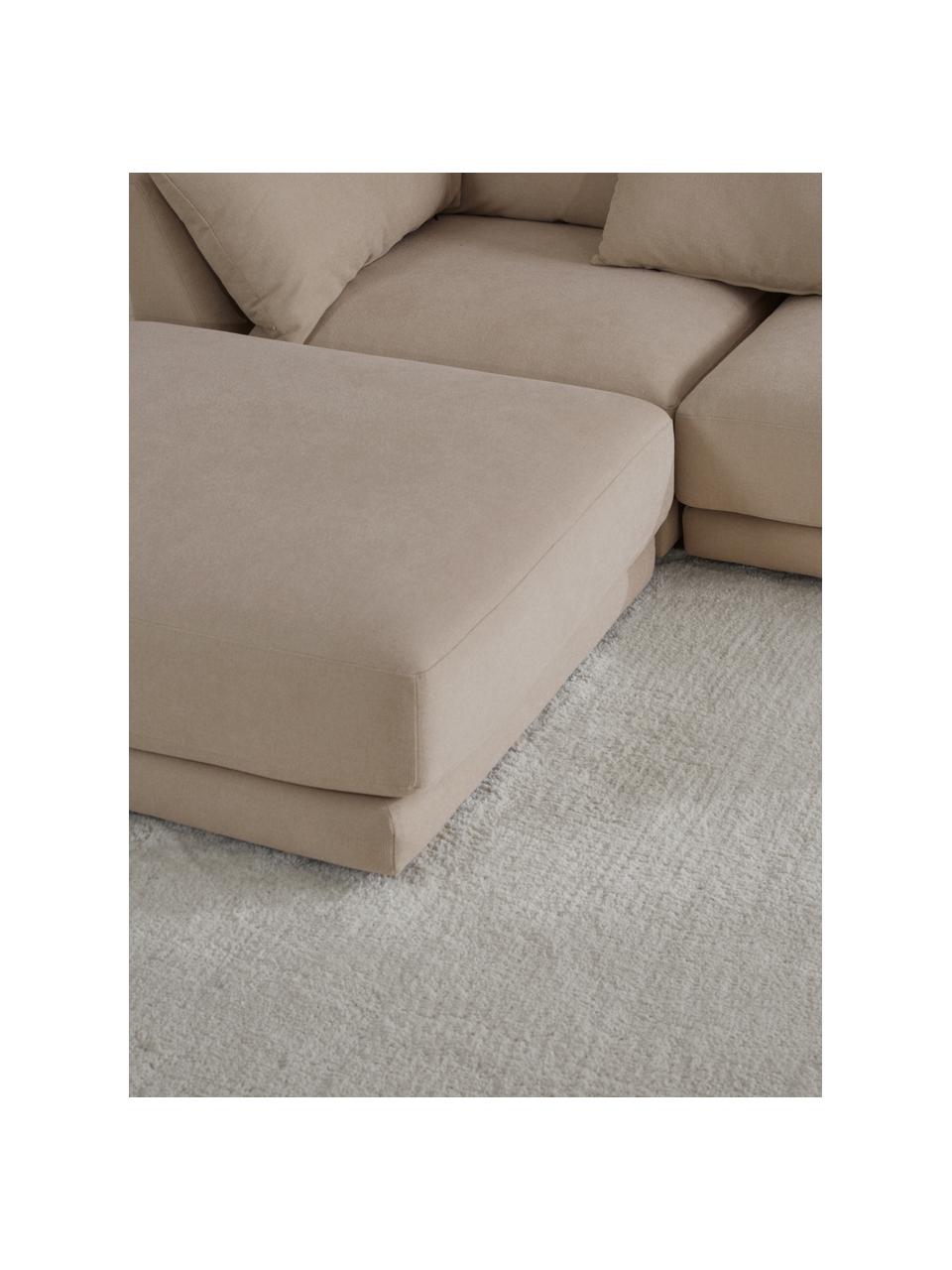 Divano componibile 3 posti in tessuto beige con poggiapiedi Jasmin, Rivestimento: 85% poliestere, 15% nylon, Struttura: legno massiccio di abete , Piedini: plastica, Tessuto beige, Larg. 300 x Alt. 84 cm