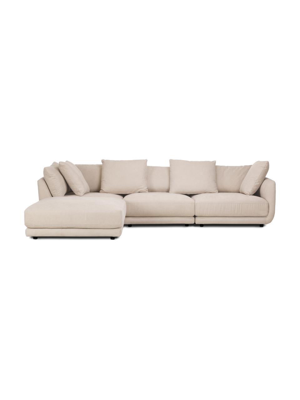 Modulaire zitbank Jasmin (3-zits) met kruk in beige, Bekleding: 85% polyester, 15% nylon , Frame: massief sparrenhout FSC-g, Poten: kunststof, Stof beige, B 300 x H 84 cm